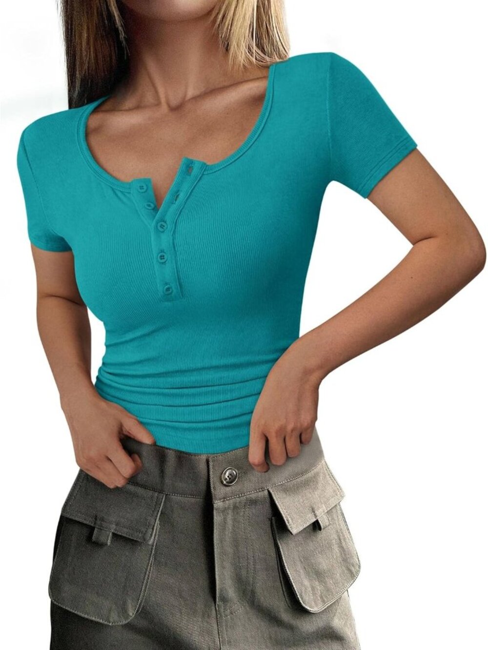 Women's Malachite Green Short Sleeve Ribbed Henley Button Slim Fit Casual Shirts